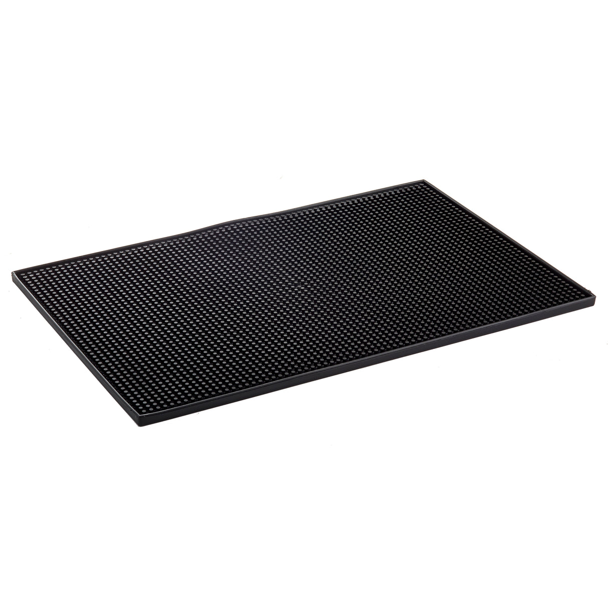 A rectangular black rubber service mat with a textured, raised dot pattern covers the surface. The mat has a slight border around the edges, is dishwasher safe, and rests on a white background.