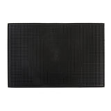 A rectangular black rubber service mat with small raised circular bumps evenly covering its surface, viewed from above. The edges are slightly raised, forming a subtle border around the mat. The background is plain white.