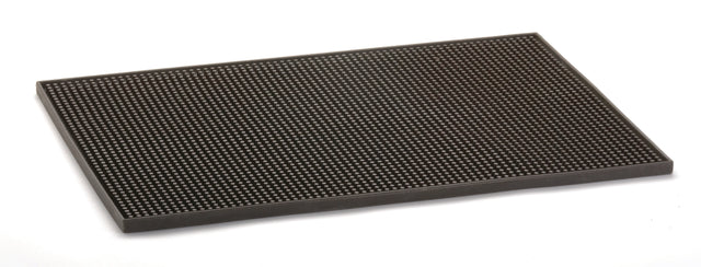 A rectangular black rubber service mat with a slightly raised border and a surface covered in small, evenly spaced circular bumps, shown on a white background. This mat is also dishwasher safe for easy cleaning.