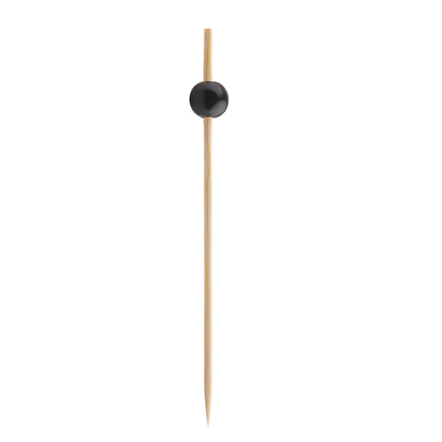 A single TableCraft Products Ball Pick, crafted from bamboo and pinewood, stands vertically with a pointed end and a small round black bead near the top. The plain white background highlights its simple, minimalistic design.