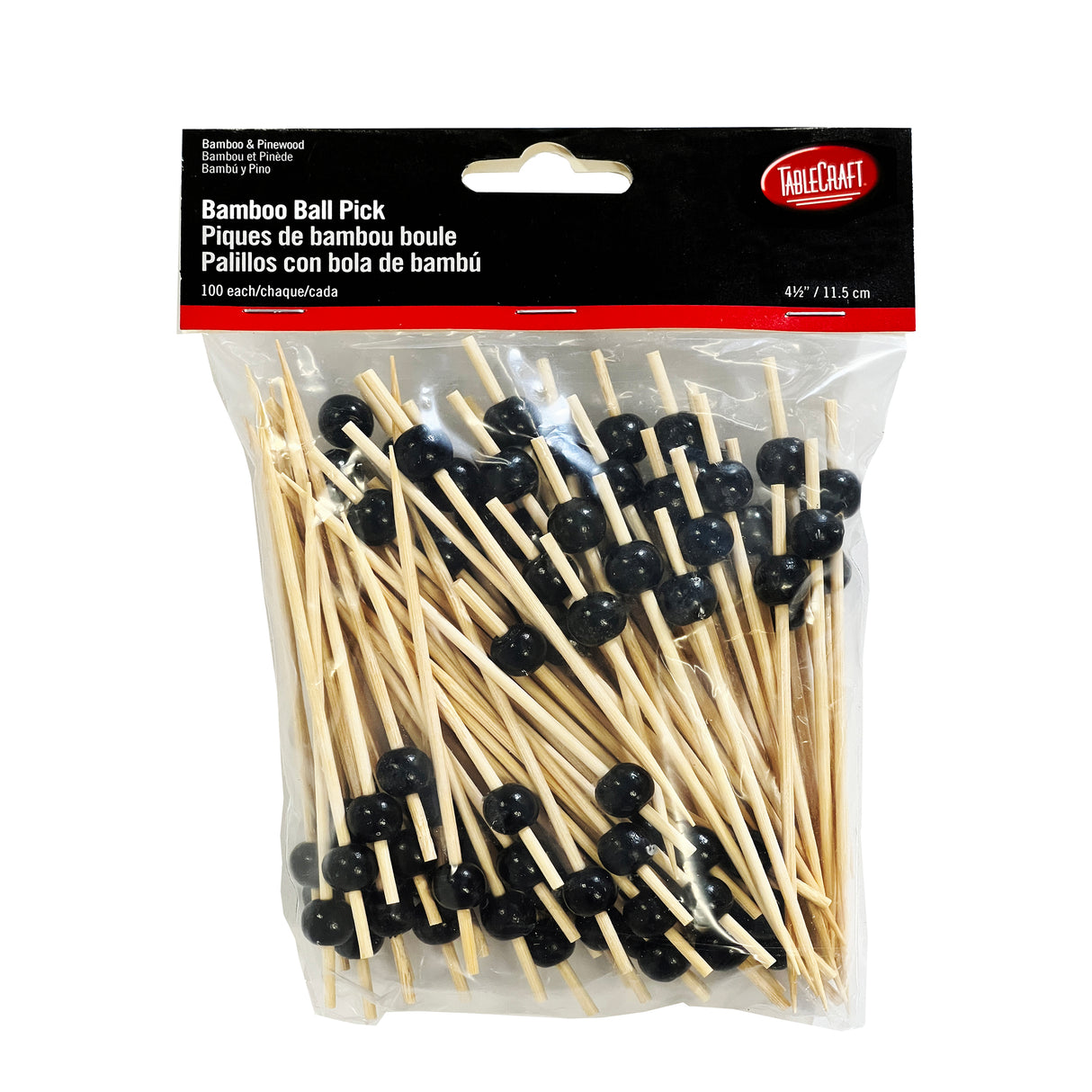 A clear plastic bag contains 100 bamboo and pinewood cocktail picks, each with a black ball on top. The package reads “Bamboo Ball Pick” in English, French, and Spanish, with "TableCraft Products" on the top right of the black header.