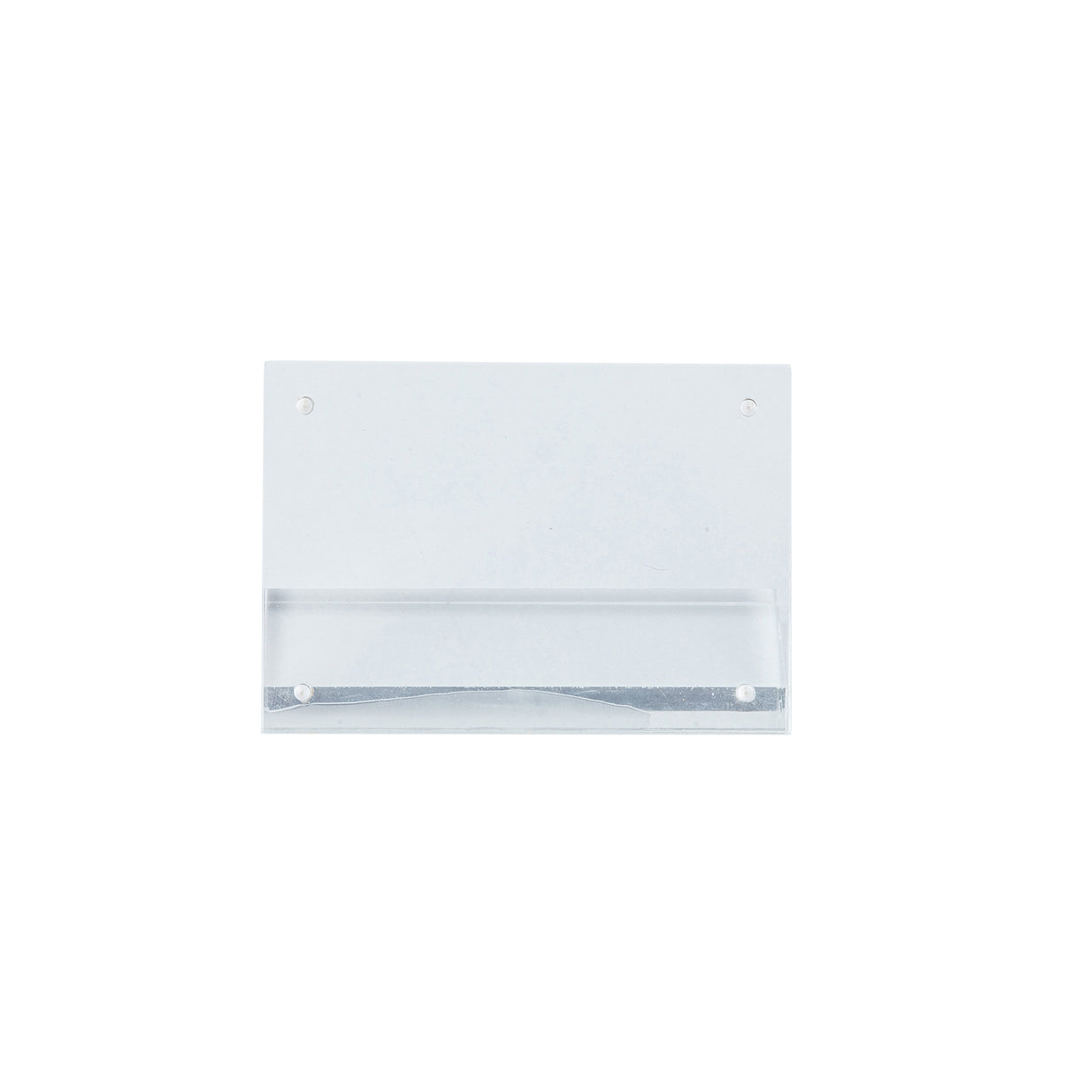 A clear TableCraft acrylic sign holder, wall-mounted with two screw holes at the top. Its flat back and front lip easily support brochures or flyers. The simple, transparent design ensures no visible contents inside.