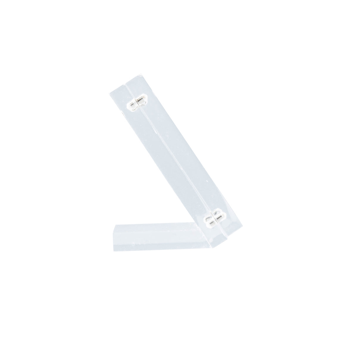 A translucent, L-shaped Acrylic Sign Holder with two metal hinges connecting its flat rectangular segments, set against a plain white background. The adjustable design features visible screws and inset magnets at the hinge points.