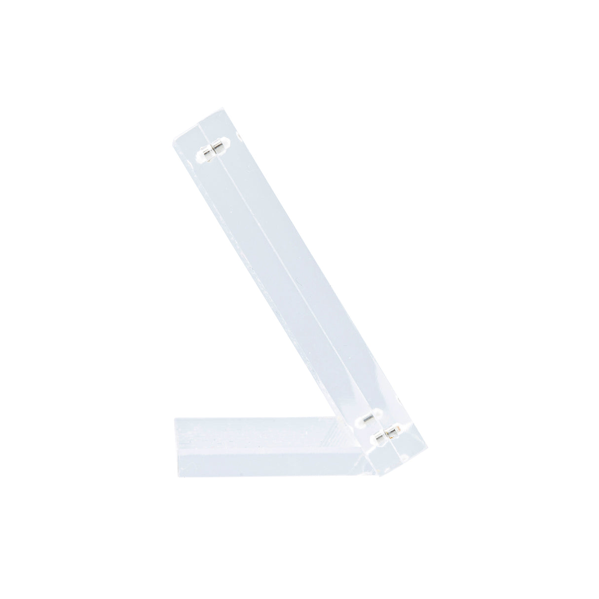 A clear Acrylic Sign Holder by TableCraft is shown against a white background. The minimalist L-shaped stand, featuring two flat rectangular pieces, is designed to display small items such as a phone, card, or sign.