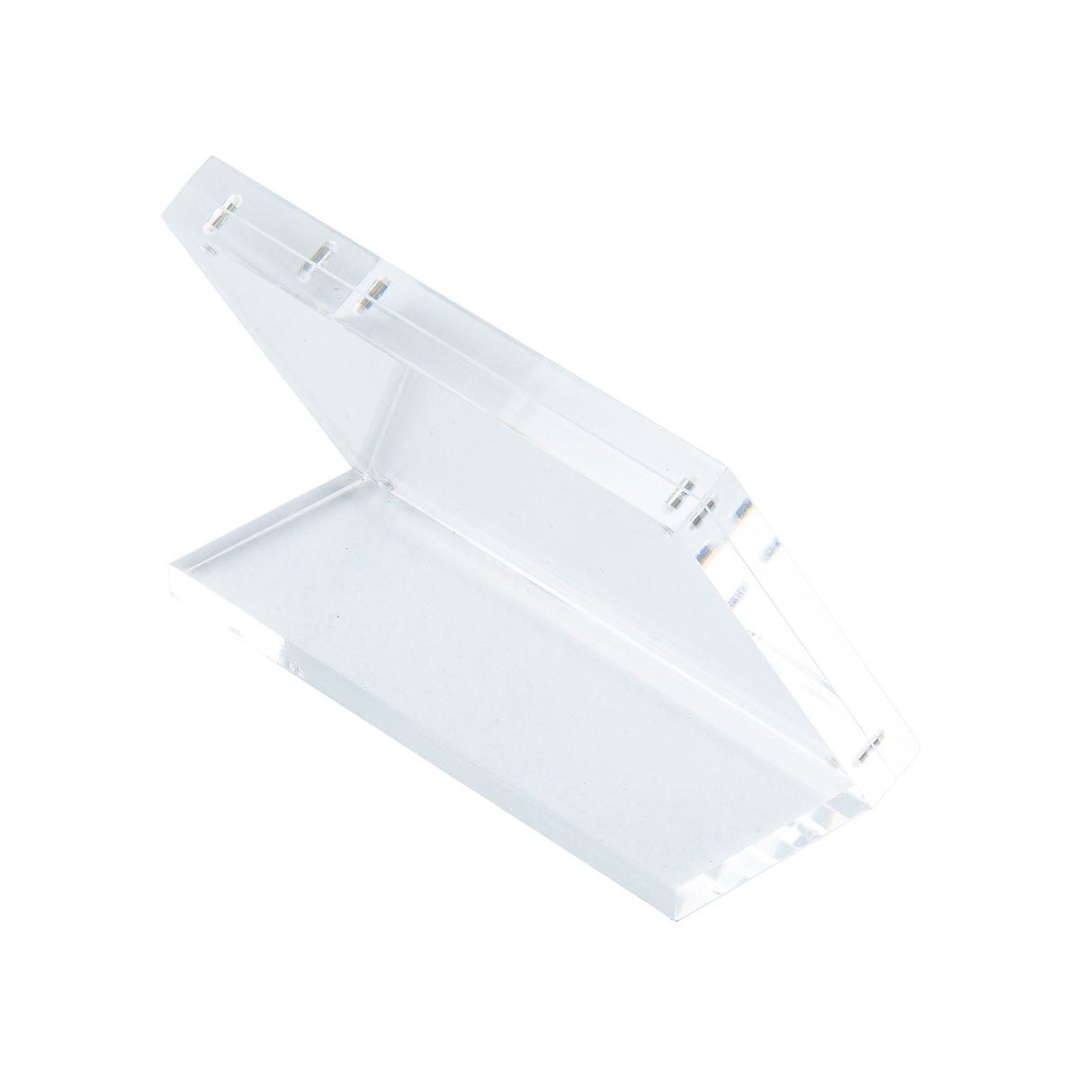 A clear TableCraft Acrylic Sign Holder is shown against a white background. The L-shaped stand is open at an angle, with sharply defined edges and glossy, transparent acrylic—perfect for displaying small signs, cards, or tablets.