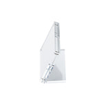 A clear, rectangular TableCraft acrylic sign holder is shown against a plain white background. Photographed at an angle, it highlights its transparent material and geometric design in a minimalistic setting with no visible objects held by the stand.