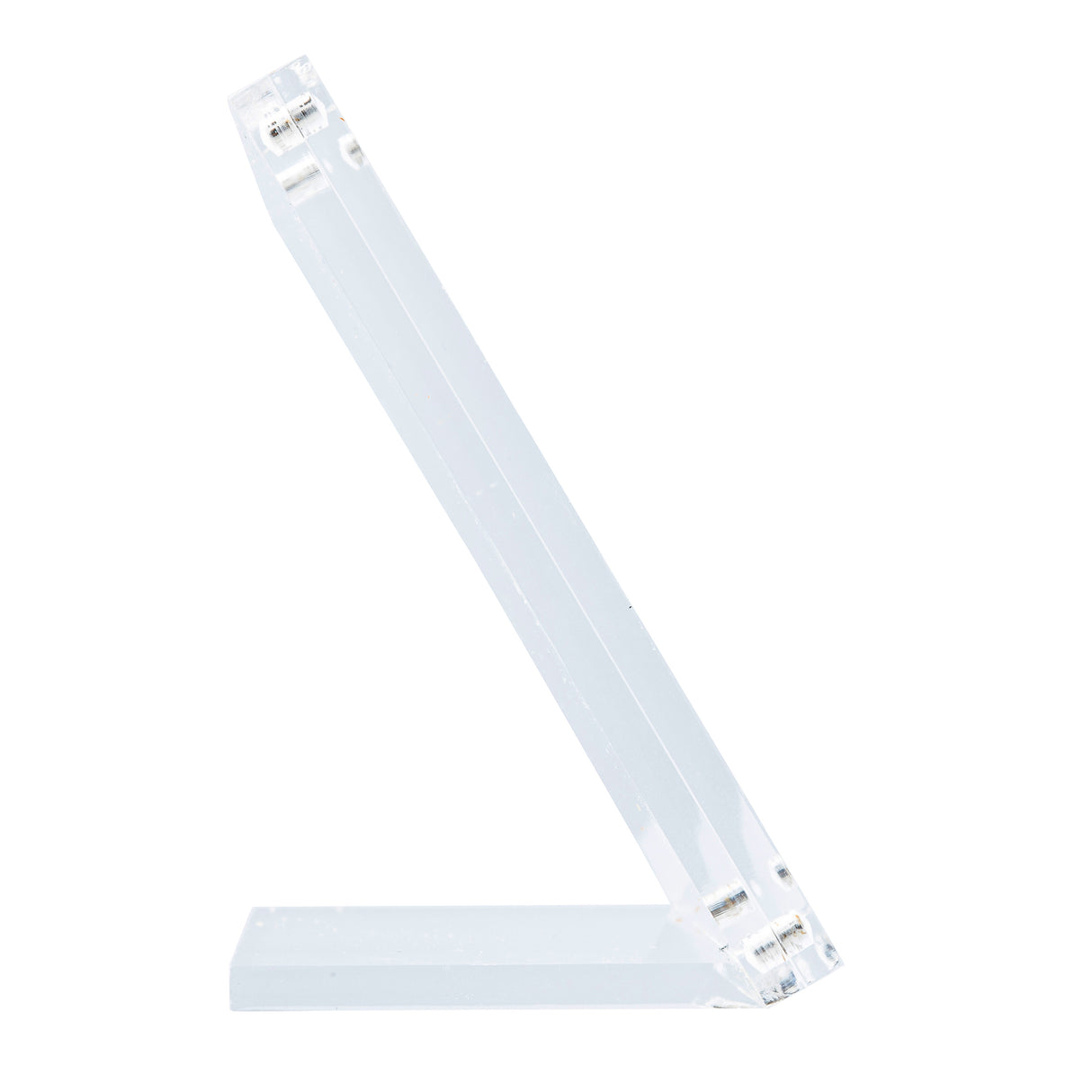 A transparent TableCraft Products acrylic display stand is shown from the side. This minimalist Acrylic Sign Holder has a rectangular base and slanted support, ideal for holding phones, tablets, or small signs in a clear L-shape design.