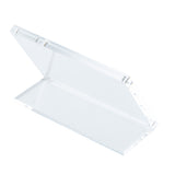 A clear acrylic sign holder display stand, shown open at an angle. The transparent stand has smooth edges, with one panel resting flat and the other upright, joined by a hinge. The plain white background highlights the simplicity of this TableCraft Products design.