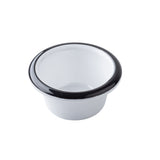 A small, round, white melamine enamel bowl with a wide rim bordered by a thin black line, photographed against a plain white background. The bowl appears empty and has a simple, classic ramekin design.
