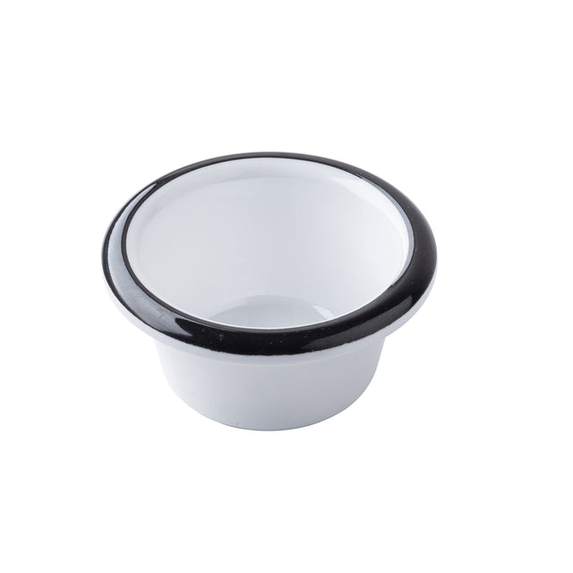 A small, round, white melamine enamel bowl with a wide rim bordered by a thin black line, photographed against a plain white background. The bowl appears empty and has a simple, classic ramekin design.
