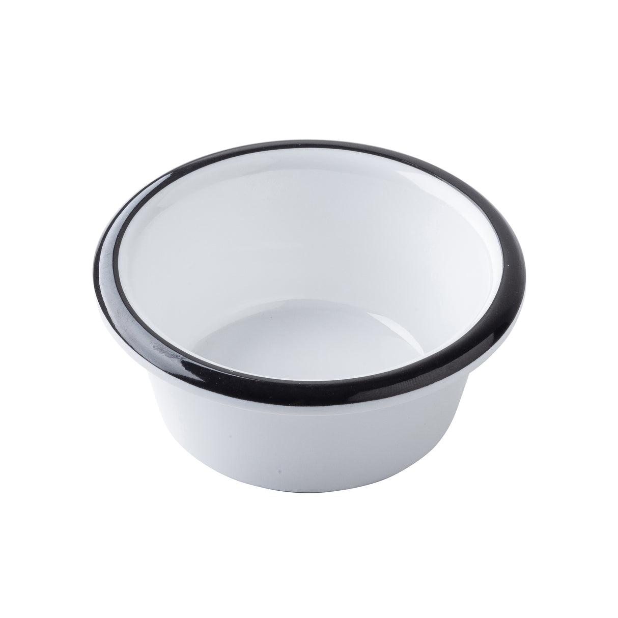 A white, round TableCraft enamel bowl with a black rim sits on a white background. The glossy, melamine-like finish and classic design give it the clean simplicity of a timeless ramekin, highlighted by bright lighting.