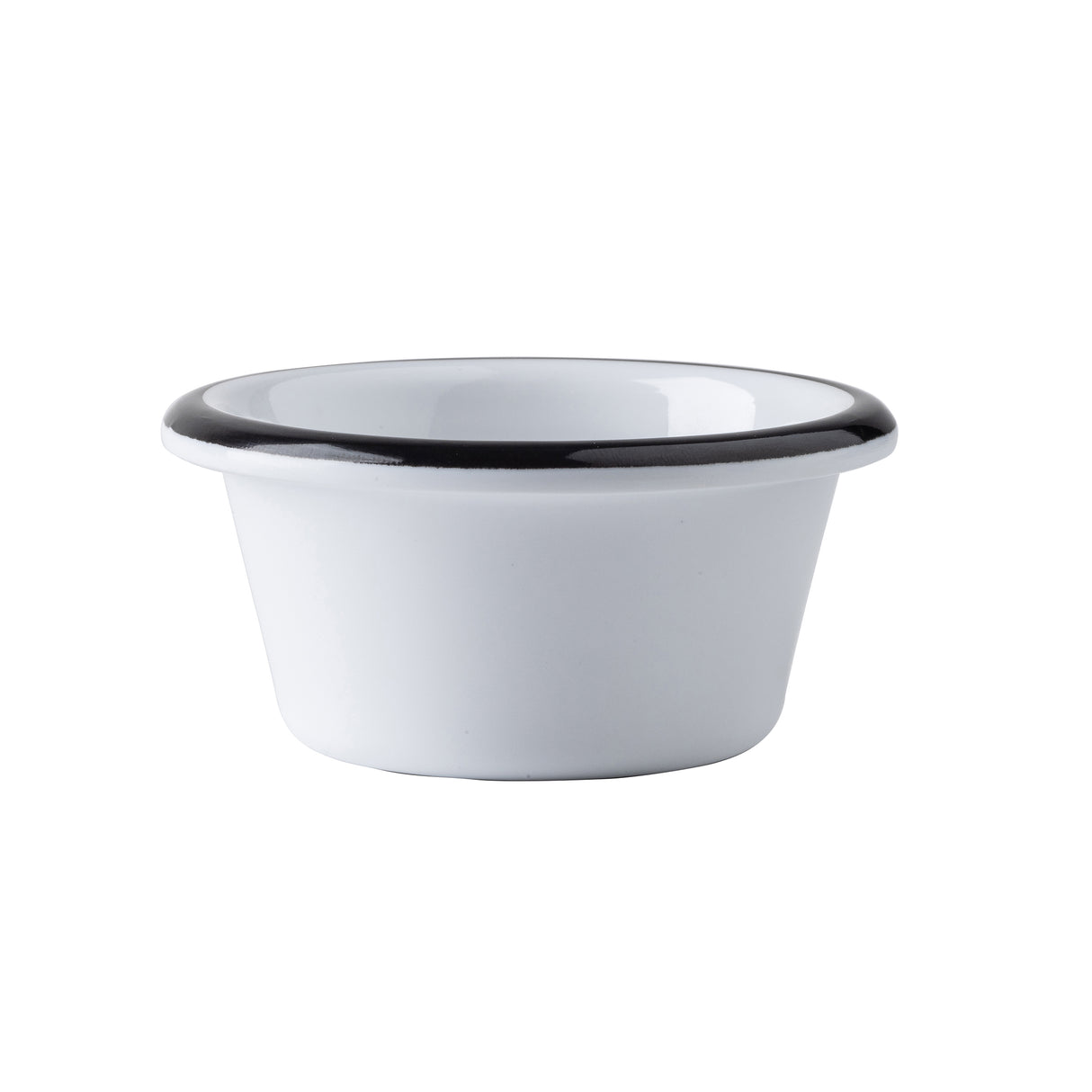 A small, white ceramic ramekin with a wide rim featuring a black band around the top edge, set against a plain white background. The bowl has gently sloped sides and a smooth, glossy finish.