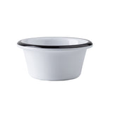 A small, white ceramic ramekin with a wide rim featuring a black band around the top edge, set against a plain white background. The bowl has gently sloped sides and a smooth, glossy finish.
