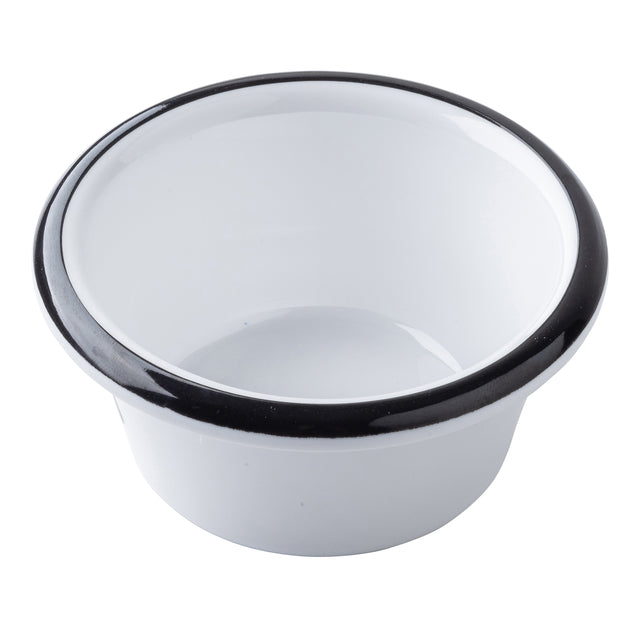 A small, white, round Canteen Collection Ramekin with a slightly flared rim and a thick black border around the edge, photographed on a white background. The bowl is empty and has a smooth, glossy finish.