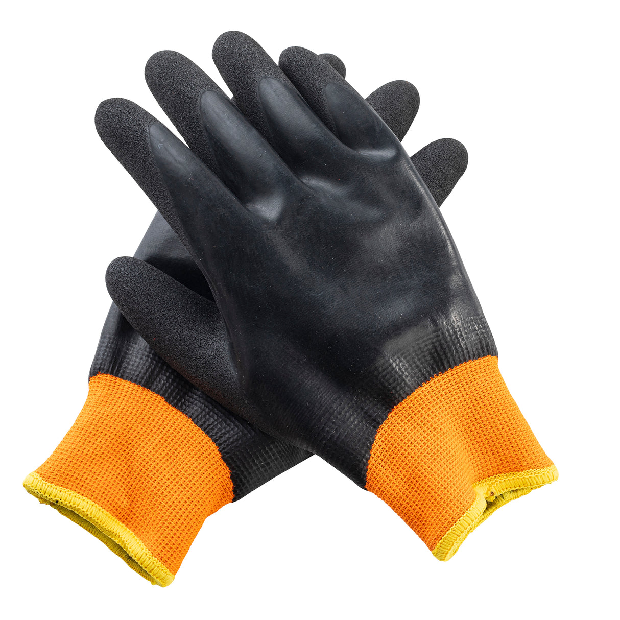 A pair of black small freezer gloves with textured surfaces and bright orange, ribbed cuffs with yellow edges, crossed neatly on a white background. The gloves appear to be made by TableCraft Products and suitable for manual labor.