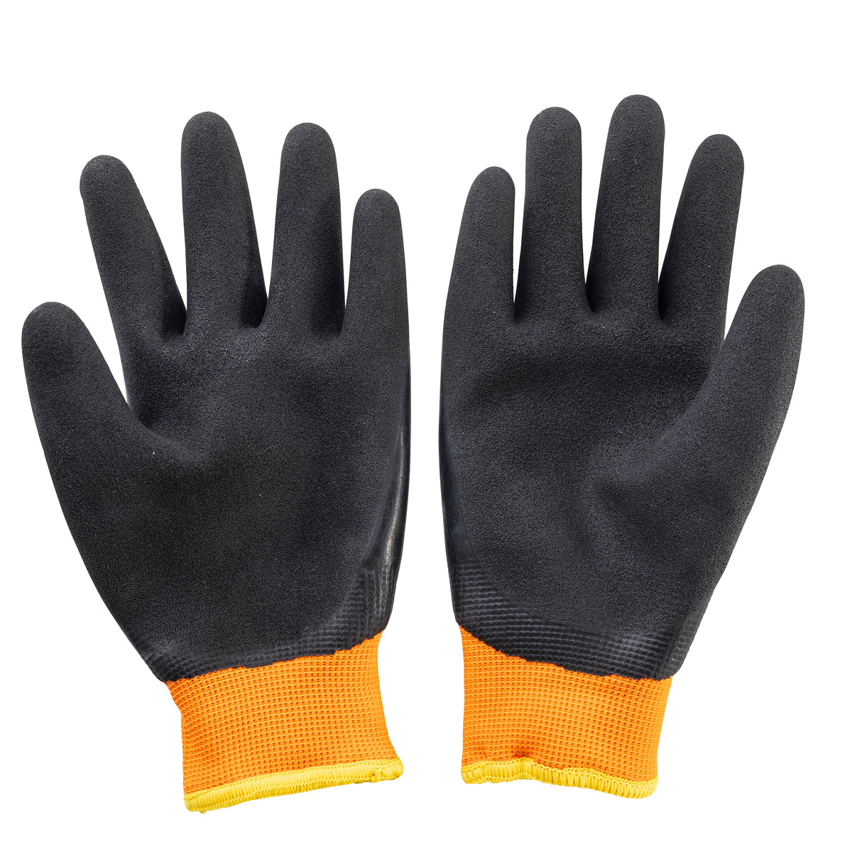 A pair of TableCraft Products freezer gloves with black, textured palms and bright orange, ribbed cuffs. The gloves are laid flat on a white background, palms facing up and fingers slightly spread apart.