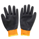 A pair of TableCraft Products freezer gloves with black, textured palms and bright orange, ribbed cuffs. The gloves are laid flat on a white background, palms facing up and fingers slightly spread apart.