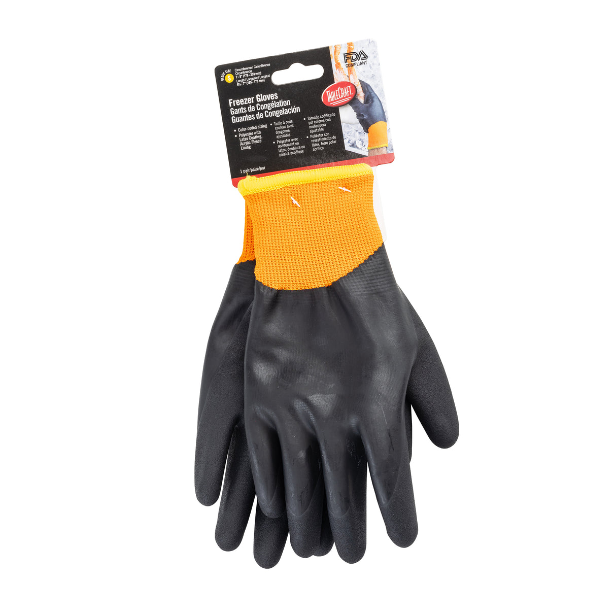 A pair of black and orange TableCraft Products freezer gloves with a textured grip, attached to packaging labeled “Freezer Gloves” in English, French, and Spanish. The packaging features a partial image of a person wearing the freezer glove.