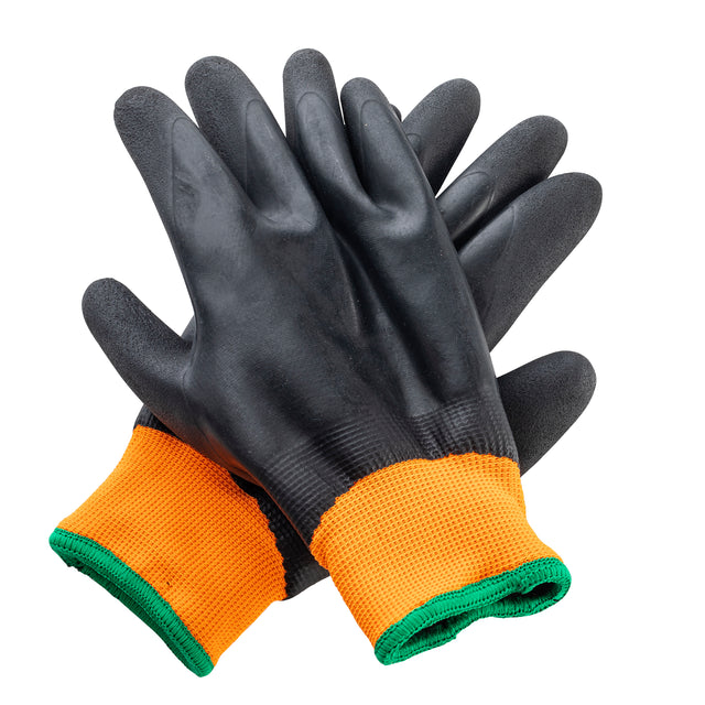 A pair of black TableCraft work gloves with textured palms and fingers, featuring bright orange fabric at the wrists and a polyester green cuff, laid overlapping on a white background.