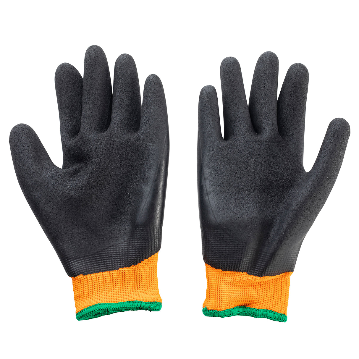 A pair of black work gloves with textured palms and fingers, featuring orange fabric cuffs and a polyester green cuff trim. These TableCraft freezer gloves are laid flat on a white background, palms facing upward and fingers slightly spread.