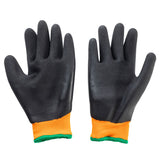 A pair of black work gloves with textured palms and fingers, featuring orange fabric cuffs and a polyester green cuff trim. These TableCraft freezer gloves are laid flat on a white background, palms facing upward and fingers slightly spread.