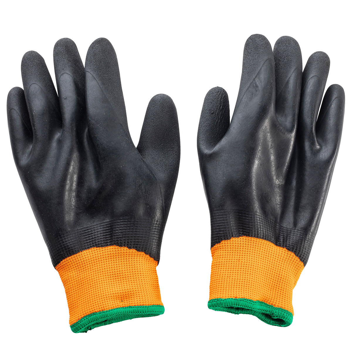 A pair of black rubber work gloves with textured surfaces, orange fabric cuffs, and a polyester green cuff at the wrists, displayed palms up on a white background. Ideal for use as a TableCraft freezer glove.