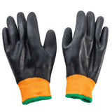 A pair of black rubber work gloves with textured surfaces, orange fabric cuffs, and a polyester green cuff at the wrists, displayed palms up on a white background. Ideal for use as a TableCraft freezer glove.