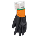 A pair of black rubber work gloves with a polyester green cuff is hanging on a display hook. The packaging card above the gloves contains text, barcodes, and certification logos, but the details are not clearly visible. Ideal as freezer gloves.