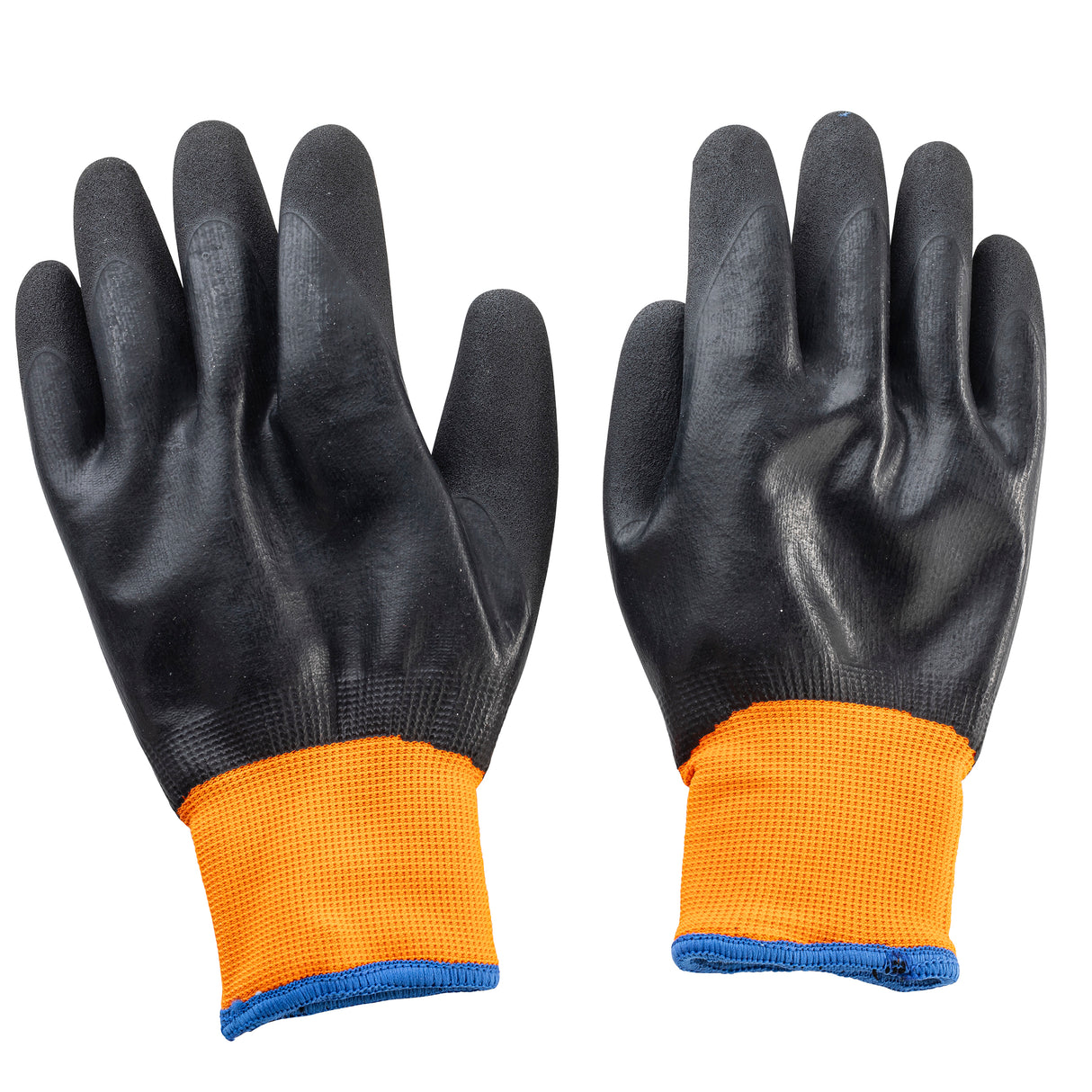 A pair of Large Freezer Gloves with black, textured, rubber-coated palms and fingers, and bright orange fabric cuffs. Each cuff features a polyester blue cuff trim. The gloves are laid flat, palm side up, on a white background.