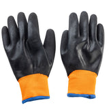 A pair of Large Freezer Gloves with black, textured, rubber-coated palms and fingers, and bright orange fabric cuffs. Each cuff features a polyester blue cuff trim. The gloves are laid flat, palm side up, on a white background.