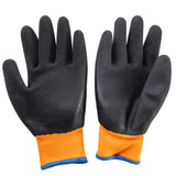 A pair of Large Freezer Gloves from TableCraft Products with black, textured rubber palms and fingers, and bright orange polyester blue cuffs. The gloves are laid flat with the palms facing upward against a white background.