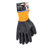 A pair of black, rubber-coated Large Freezer Gloves with textured palms and polyester blue cuffs is shown. The gloves are attached together with a retail packaging card at the top, displaying product information in English, French, and Spanish.