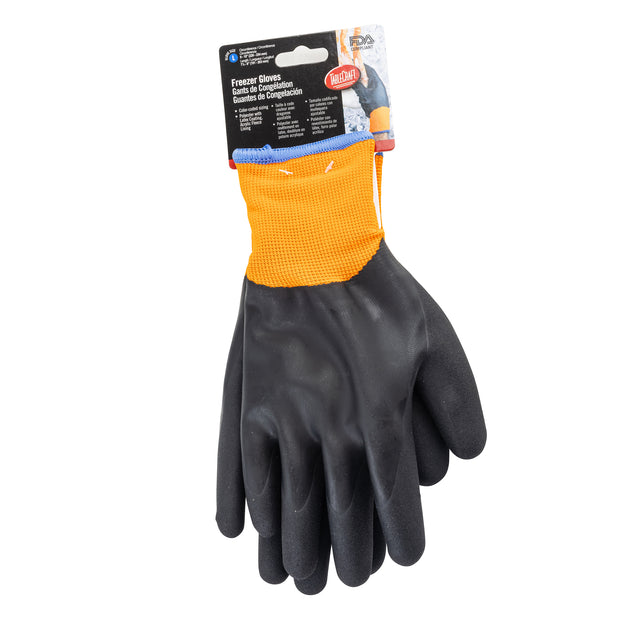 A pair of black, rubber-coated Large Freezer Gloves with textured palms and polyester blue cuffs is shown. The gloves are attached together with a retail packaging card at the top, displaying product information in English, French, and Spanish.