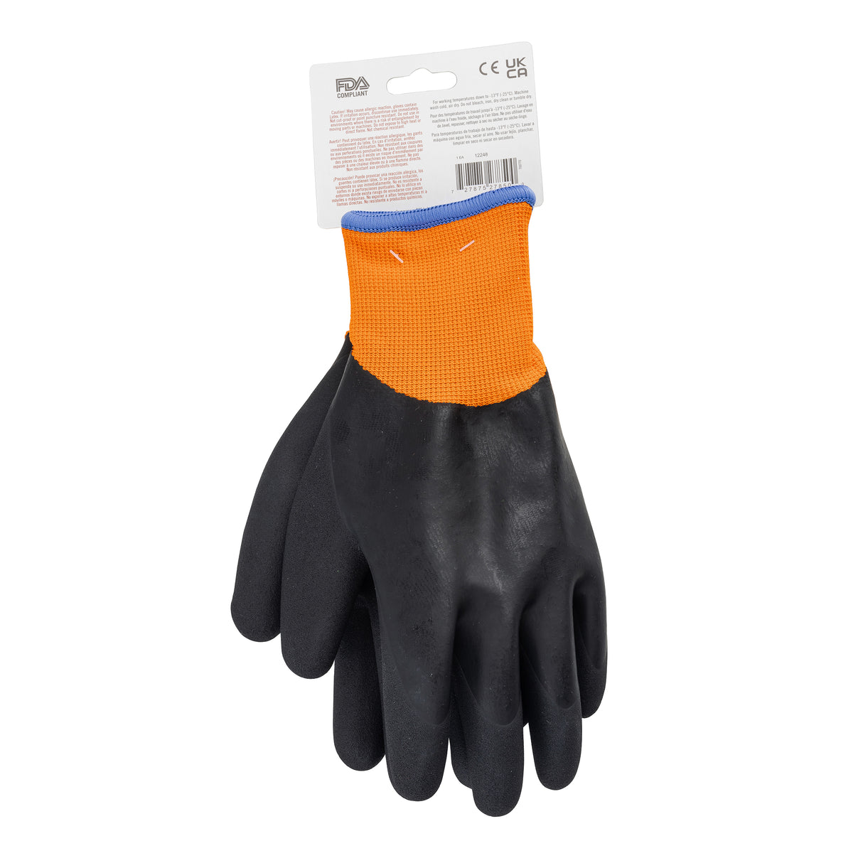 A pair of black rubber-coated work gloves with orange and polyester blue cuffs, stacked together. A white cardboard tag featuring text, symbols, and a barcode is attached to the cuffs at the top. Ideal as a Large Freezer Glove from TableCraft Products.
