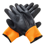 A pair of extra large protective work gloves with black rubber-coated palms and fingers and bright orange fabric cuffs, laid flat with one glove slightly overlapping the other against a white background—ideal as freezer gloves.