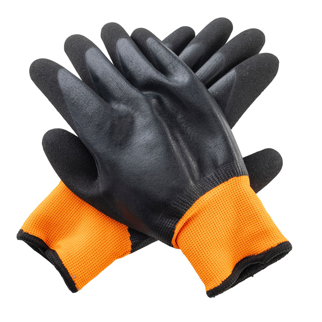 A pair of extra large protective work gloves with black rubber-coated palms and fingers and bright orange fabric cuffs, laid flat with one glove slightly overlapping the other against a white background—ideal as freezer gloves.