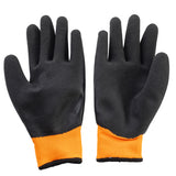 A pair of extra large black work gloves with textured surfaces, orange elastic cuffs, and black palms and fingers, displayed palms-up on a white background. These TableCraft gloves appear durable and are suitable for tasks needing hand protection.