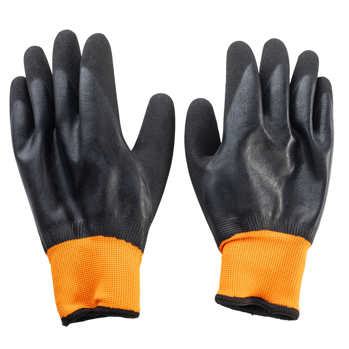 A pair of extra large black rubber-coated work gloves with textured surfaces and bright orange fabric cuffs, shown palm side up on a white background. These freezer gloves are designed for grip and protection during manual labor.