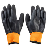 A pair of extra large black rubber-coated work gloves with textured surfaces and bright orange fabric cuffs, shown palm side up on a white background. These freezer gloves are designed for grip and protection during manual labor.