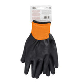 A pair of TableCraft black rubber-coated work gloves with orange fabric cuffs, displayed with fingers overlapping. These extra large freezer gloves are attached to a cardboard tag featuring text and barcodes at the top.