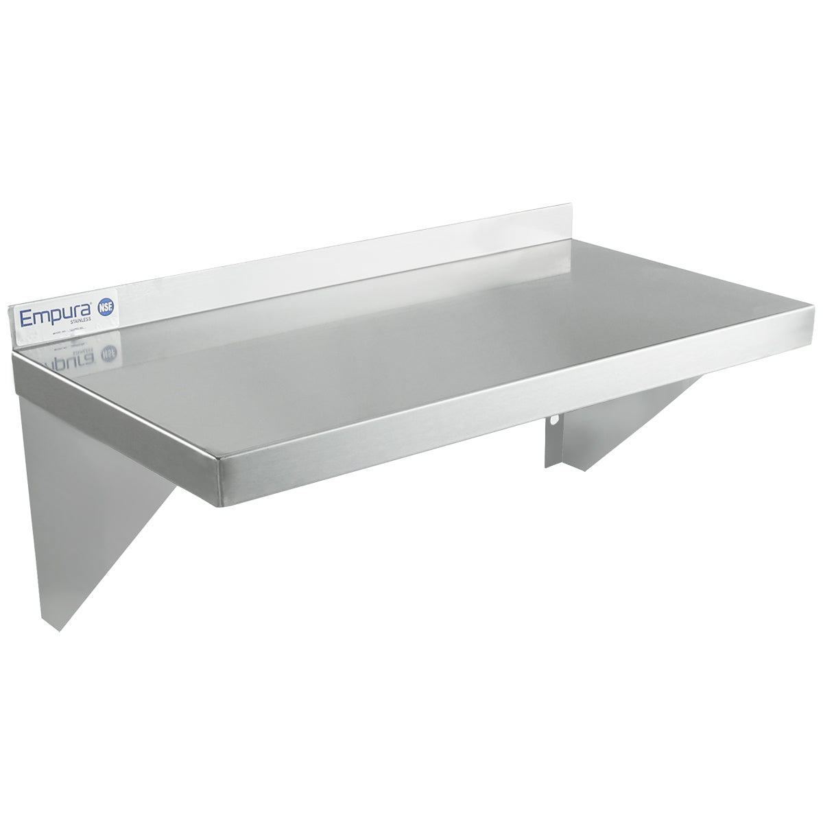 A stainless steel wall mount storage shelf with a flat rectangular surface, NSF certification, a short backsplash along the rear edge, and two angled support brackets. The Empura brand label is visible on the left side. The background is plain white.
