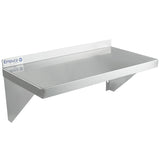 A stainless steel wall mount storage shelf with a flat rectangular surface, NSF certification, a short backsplash along the rear edge, and two angled support brackets. The Empura brand label is visible on the left side. The background is plain white.
