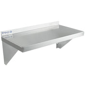 A stainless steel wall mount storage shelf with a flat rectangular surface, NSF certification, a short backsplash along the rear edge, and two angled support brackets. The Empura brand label is visible on the left side. The background is plain white.