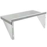 A stainless steel wall mount storage shelf with a flat rectangular surface and two triangular side brackets for support. The NSF-rated design is simple and modern, featuring clean, sharp edges with sturdy keyhole slots for easy mounting.