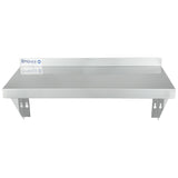 A stainless steel shelf by Empura, NSF certified, features a flat surface, short backsplash, and sturdy brackets. This wall mount storage shelf is ideal for commercial or kitchen use, with the brand label on the left side of the backsplash.