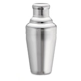 A shiny stainless steel cocktail shaker with a smooth, reflective surface sits upright on a white background. This classic bar shaker set features a rounded cap and slightly tapered body, and is dishwasher safe for easy cleanup.
