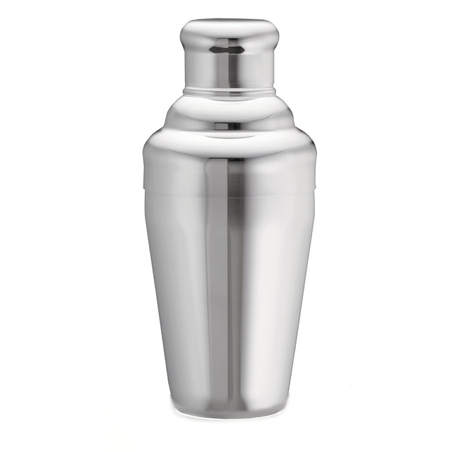 A shiny stainless steel cocktail shaker with a smooth, reflective surface sits upright on a white background. This classic bar shaker set features a rounded cap and slightly tapered body, and is dishwasher safe for easy cleanup.