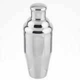 A shiny stainless steel cocktail shaker with a rounded cap sits upright on a white background. Part of a premium bar shaker set, it features a smooth, reflective surface and classic, tapered shape with subtle curves.