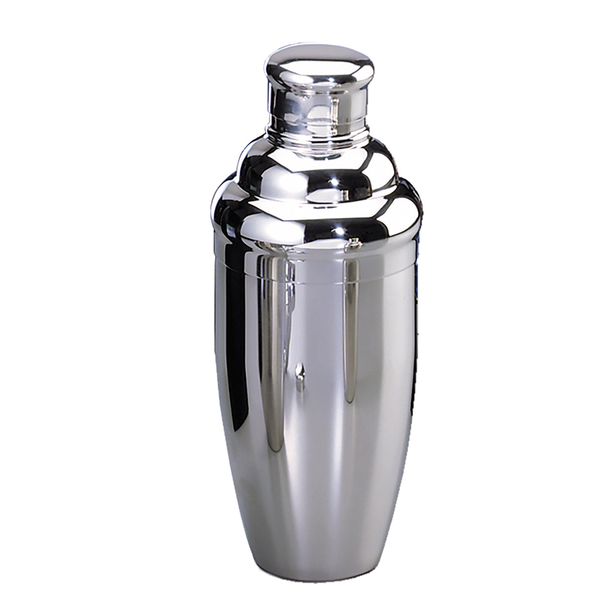 A shiny, stainless steel cocktail shaker with a reflective silver finish stands upright against a white background. The shaker features a rounded top with a secure cap, a smooth cylindrical body, and is dishwasher safe for easy cleaning.