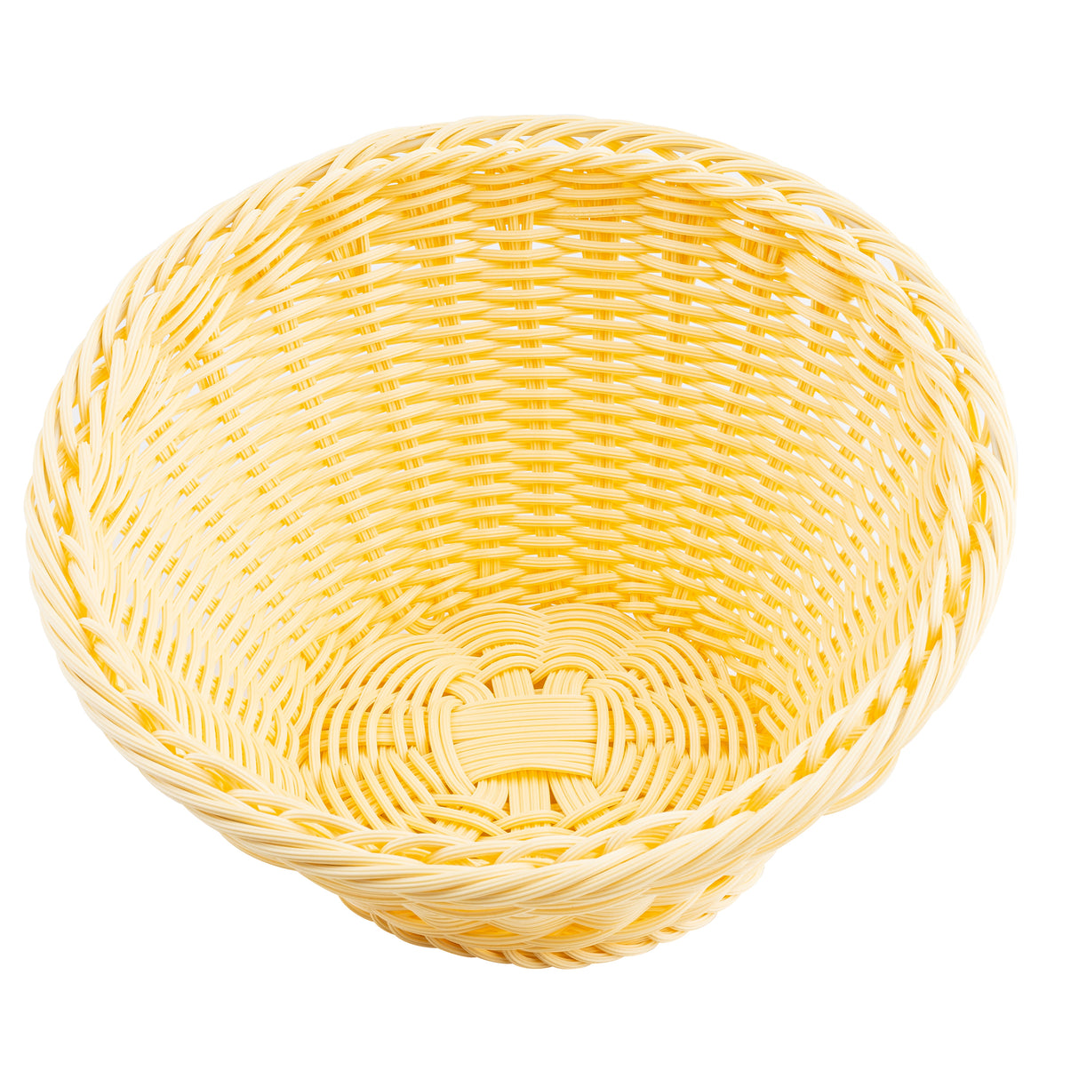 A round, empty, light yellow handwoven basket is shown from above. The basket has a braided rim and a tightly woven pattern, with the base featuring a slightly different weave for added support. The background is plain white.